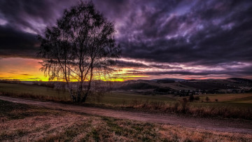 Картинка природа восходы закаты пейзаж деревья дорога поле