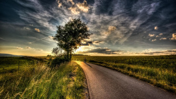 Картинка природа восходы закаты пейзаж деревья дорога поле