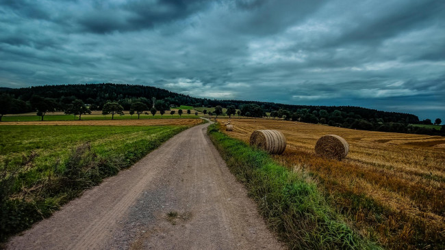 Обои картинки фото природа, дороги, тучи, поле, деревья, дорога, пейзаж