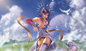 Картинка фэнтези девушки платье lana solaris посох маг планета голубь девушка птица грудь красавица