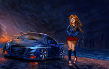 Картинка рисованное люди автомобиль фон т очки девушка