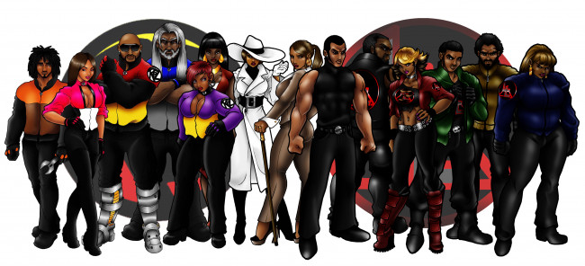 Обои картинки фото рисованное, комиксы, девушки, мужчины, фон, взгляд, униформа