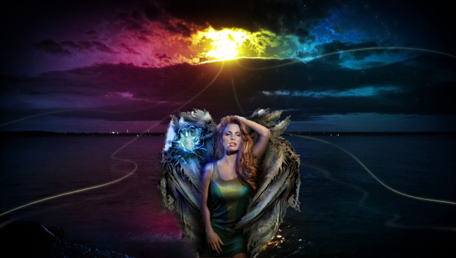 Обои картинки фото фэнтези, фотоарт, девушка, крылья, взгляд, фон