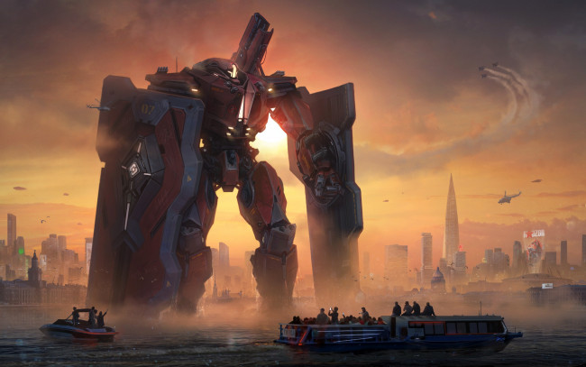Обои картинки фото фэнтези, роботы,  киборги,  механизмы, pacific, rim, арт, jaeger, город, катер, река, щит, робот, закат, лодка