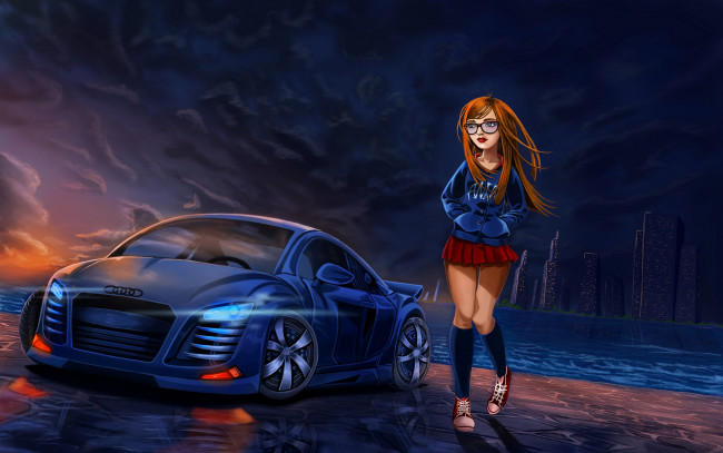 Обои картинки фото рисованное, люди, автомобиль, фон, т, очки, девушка
