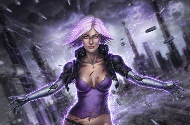 Обои картинки фото фэнтези, роботы,  киборги,  механизмы, раны, лицо, пуля, киборг, волосы, девушка, грудь, olina, фантастика