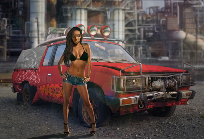 Обои картинки фото рисованное, люди, девушка, фон, автомобиль, взгляд