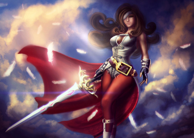 Обои картинки фото фэнтези, девушки, девушка, фон, плащ, меч, взгляд