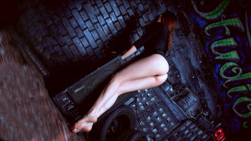 Картинка девушки -unsort+ брюнетки темноволосые темный фон граффити попка