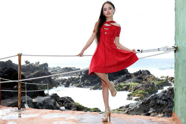Обои картинки фото девушки, li moon, красное, платье