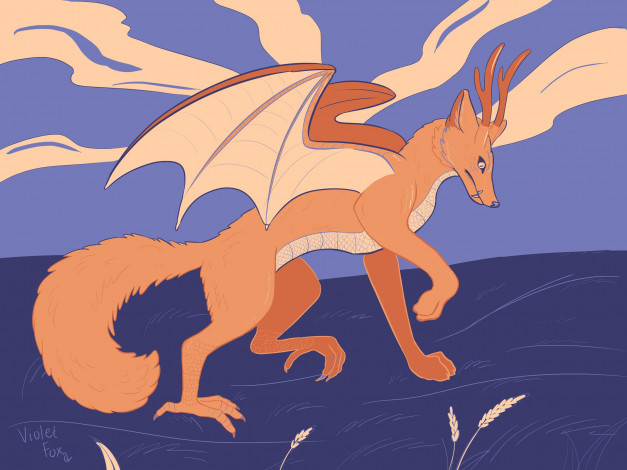 Обои картинки фото рисованное, животные,  сказочные,  мифические, животное, крылья, рога, хвост, поле