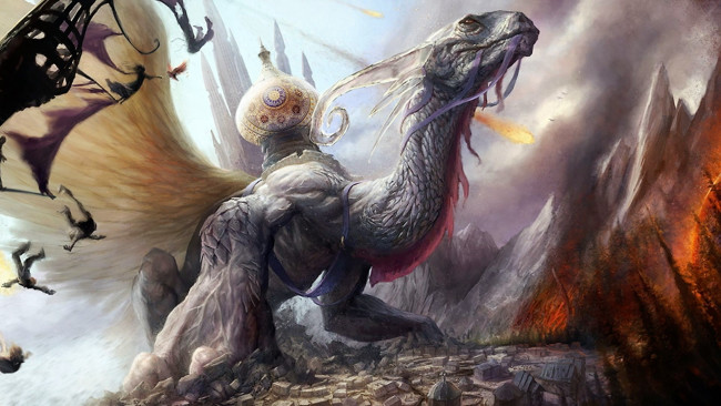 Обои картинки фото фэнтези, драконы, дракон, люди, скалы