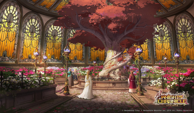 Обои картинки фото видео игры, knights chronicle, люди, сад, дерево, помещение
