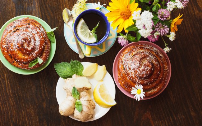 Обои картинки фото еда, напитки,  чай, имбирь, лимон, чай, сдоба