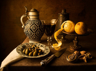 Картинка еда натюрморт орехи бокал апельсин оливки кувшин нож