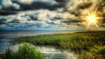 Картинка simply beautiful природа восходы закаты трава река цветы закат тучи