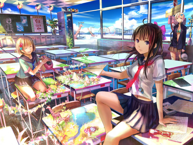 Обои картинки фото аниме, *unknown, другое, цвета, столы, девушки