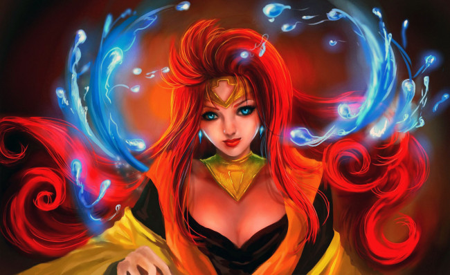 Обои картинки фото фэнтези, девушки, стрелка, рыжая, капли, пузырьки, вода, девушка, rikamello