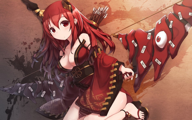 Обои картинки фото аниме, angels, demons, лук, девушка, глаза, стрелы, рога