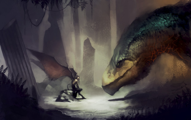 Обои картинки фото фэнтези, демоны, лес, встреча, дракон, крылья, демон