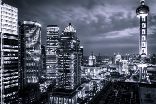 Обои картинки фото города, шанхай , китай, ночь, азия, огни, небоскребы, здания, город, шанхай, china, shanghai