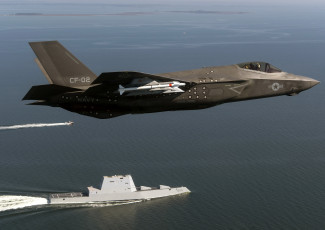 Картинка авиация боевые+самолёты сша армия оружие f-35 lightning ddg 1000 uss zumwalt