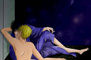 Картинка аниме naruto кимоно наруто сигарета саске учиха поцелуй узумаки