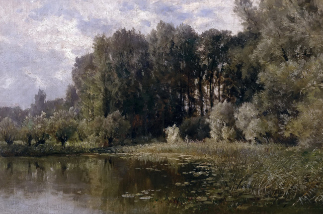 Обои картинки фото рисованное, природа, пейзаж, деревья, озеро, в, неймегене, карлос, де, хаэс, заводь, картина