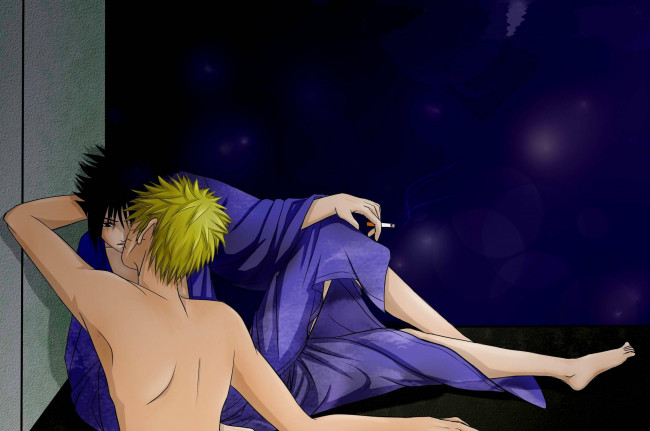 Обои картинки фото аниме, naruto, кимоно, наруто, сигарета, саске, учиха, поцелуй, узумаки