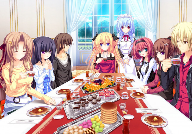 Обои картинки фото аниме, unknown,  другое, girl, game, dress, anime, food, boy, blonde, asian, japanese, oriental, asiatic, visual, novel, maid, bishojo, seifuku, lunaris, filia