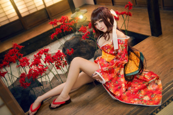 Картинка девушки -unsort+ азиатки грудь взгляд девушка свет цветы красный лицо секси поза стиль камни фон комната красное ноги лилии интерьер макияж платье брюнетка прическа