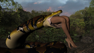 обоя 3д графика, фантазия , fantasy, змея, фон, взгляд, девушка