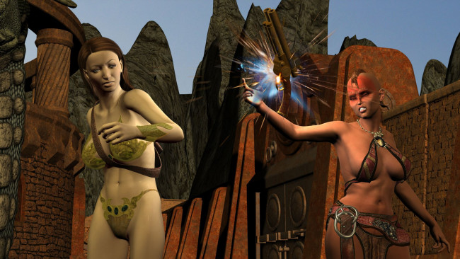 Обои картинки фото 3д графика, фантазия , fantasy, фон, взгляд, девушки