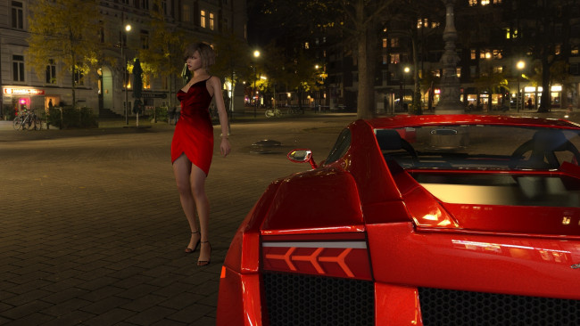 Обои картинки фото 3д графика, люди-авто, мото , people- car ,  moto, ночь, город, автомобиль, фон, взгляд, девушка