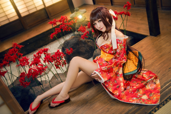 Обои картинки фото девушки, -unsort , азиатки, грудь, взгляд, девушка, свет, цветы, красный, лицо, секси, поза, стиль, камни, фон, комната, красное, ноги, лилии, интерьер, макияж, платье, брюнетка, прическа