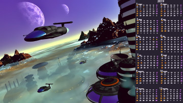 Картинка календари 3д-графика звездолет полет планета calendar 2019