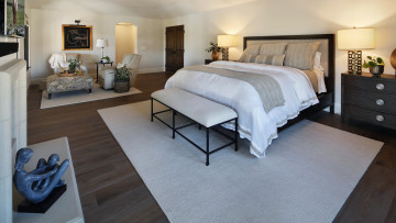 Картинка интерьер спальня кровать мягкий уголок комод