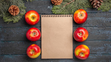 Картинка еда яблоки блокнот шишки