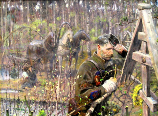 Обои картинки фото рисованное, павел рыженко, солдат, могила, лошади, телега, лес