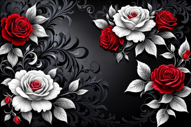 Обои картинки фото рисованное, цветы, розы, бутоны, листья, орнамент