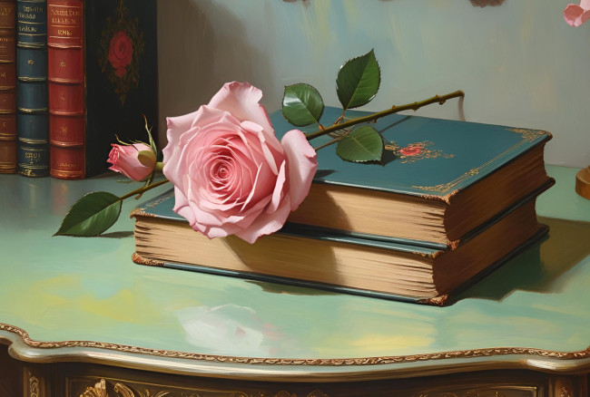 Обои картинки фото комп,  дизайн, разное, компьютерный дизайн, книги, розовая, роза