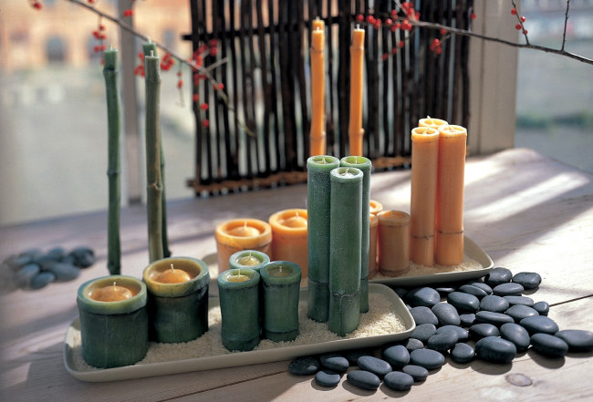 Обои картинки фото разное, свечи, бамбук, рис, ветка