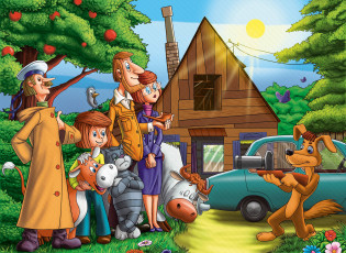 обоя трое, из, простоквашино, мультфильмы, печкин, шарик, дядя, федор, матроскин