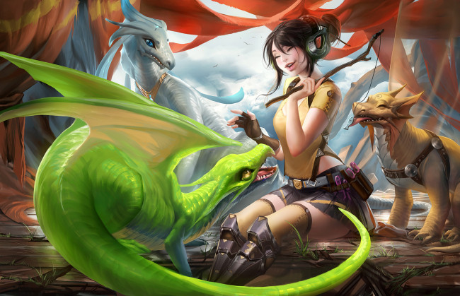 Обои картинки фото фэнтези, красавицы, чудовища, девушка, драконы, удочка