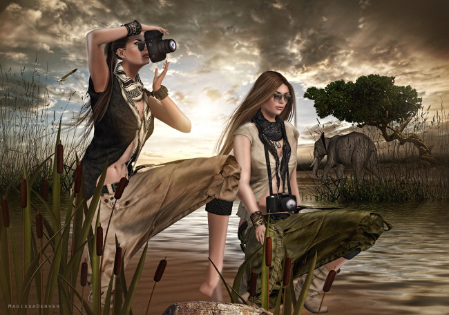 Обои картинки фото 3д, графика, people, люди, фотограф, девушки, река