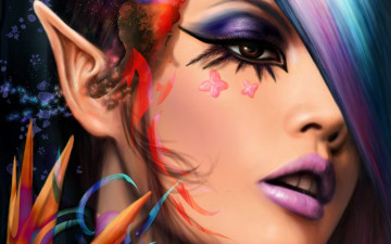 Картинка фэнтези эльфы бабочки лицо взгляд макияж уши эльфийка арт