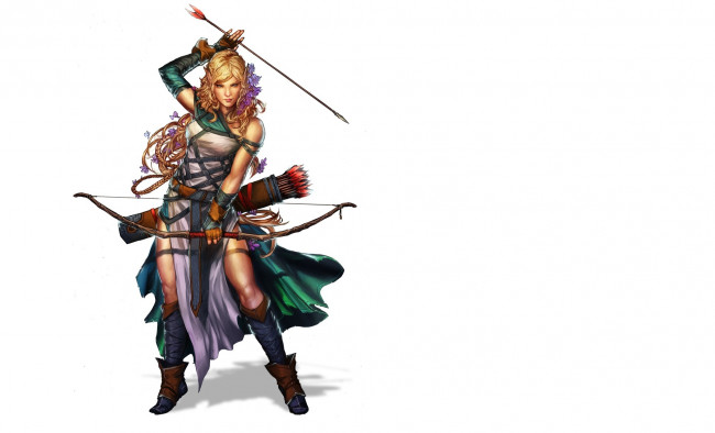 Обои картинки фото фэнтези, эльфы, взгляд, девушка, арт, фантастика, стрелы, лук, лучница