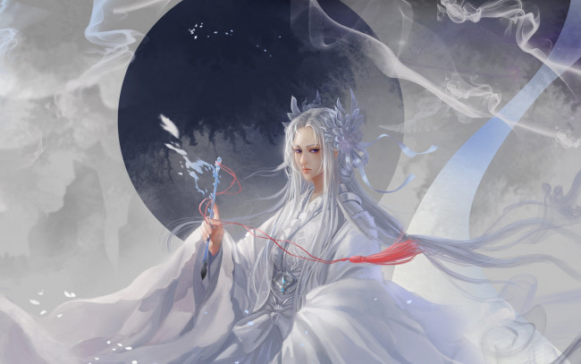 Обои картинки фото фэнтези, девушки, арт, длинные, волосы, девушка, кимоно, взгляд