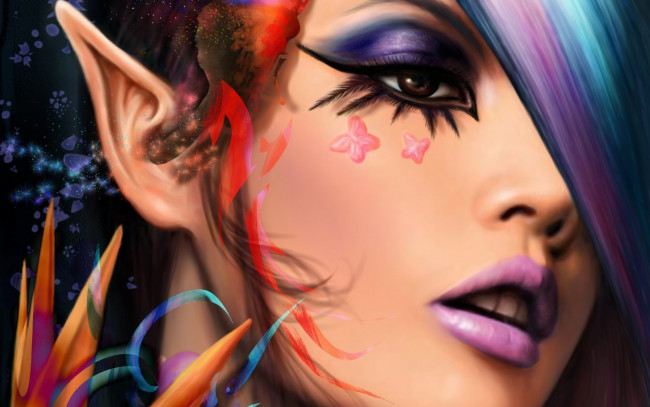 Обои картинки фото фэнтези, эльфы, бабочки, лицо, взгляд, макияж, уши, эльфийка, арт