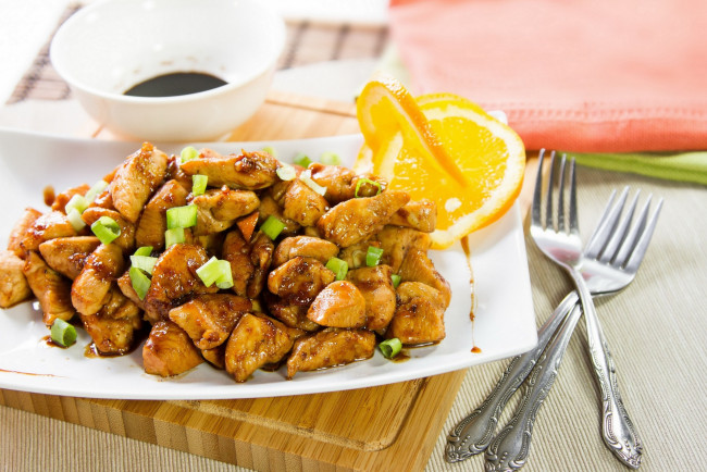 Обои картинки фото еда, мясные блюда, мясо, зелень, долька, апельсин